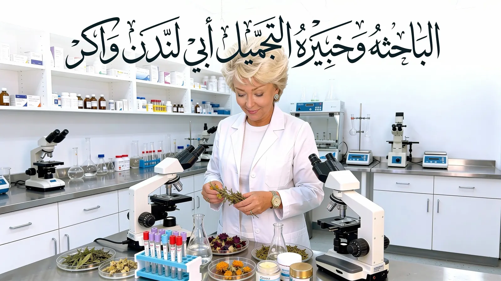 آبي لندن ووكر في مختبر تجميل وهي تفحص أعشابًا مجفّفة